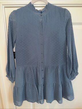 Girls heart shaped Swiss dot long sleeved drop waist dress, slate blue, NWT, 14